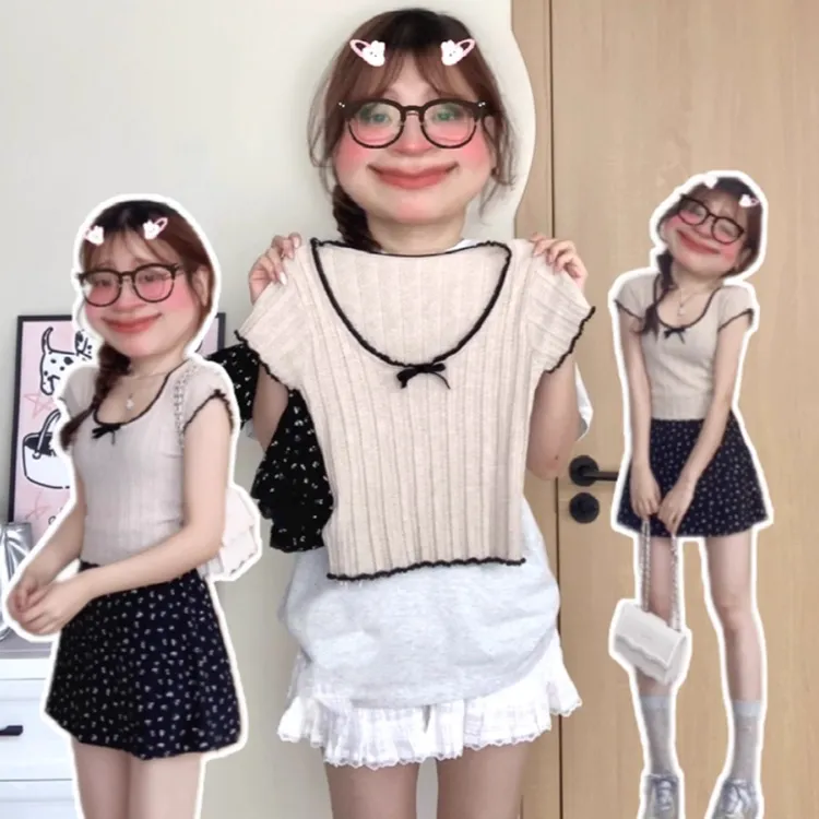 绝美纯欲风法式撞色蝴蝶结2025夏季针织衫短袖女显瘦短款洋气上衣