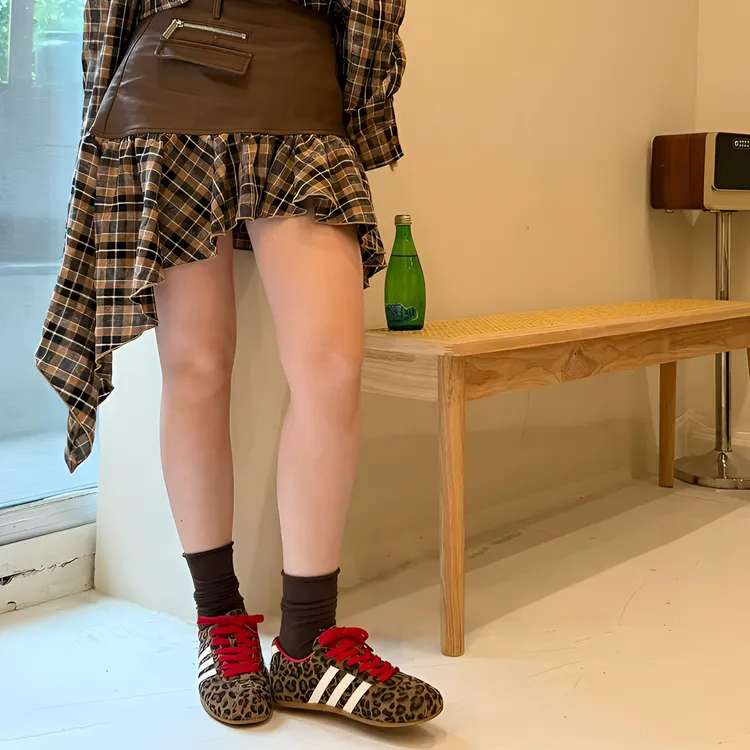 系带磨砂皮极简风豹纹时尚休闲鞋小众单鞋潮流低帮女鞋阿甘鞋1282