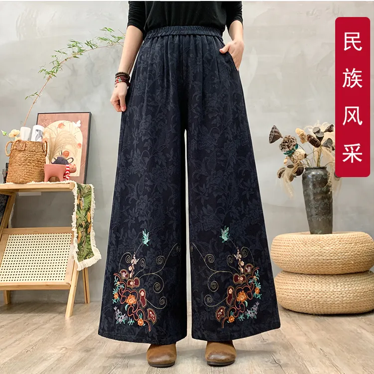 中老年春秋新款民族阔腿裤裤子绣花妈妈宽松提花休闲复古长裤刺绣
