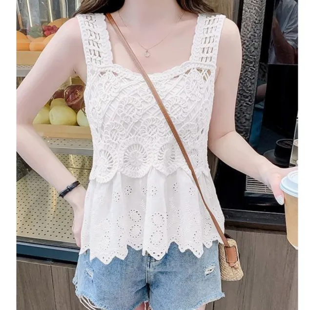 镂空勾花拼接无袖吊带背心女甜美夏季纯欲风复古宽松百搭洋气上衣