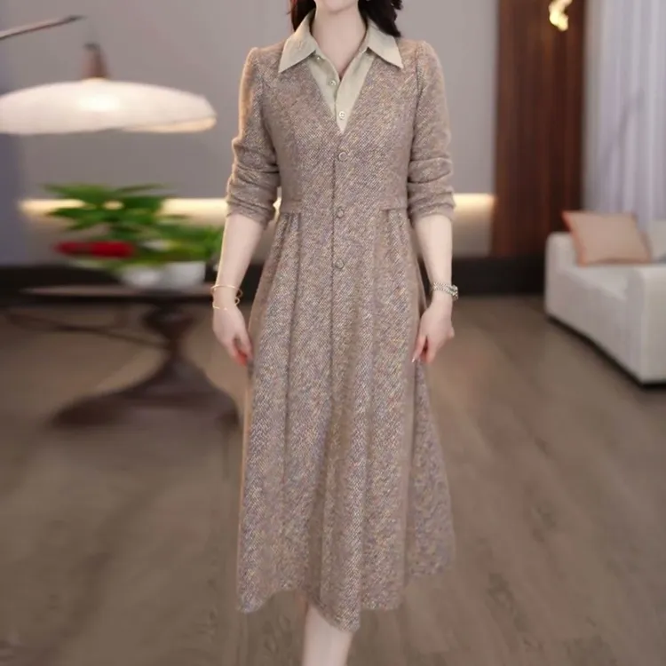 贵妃绒2025冬季新款时尚气质拼接加厚修身显瘦假两件保暖连衣裙