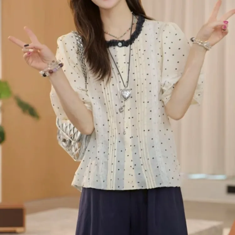 法式甜美印花木耳边衬衫女2025夏季新款设计感宽松气质通勤上衣