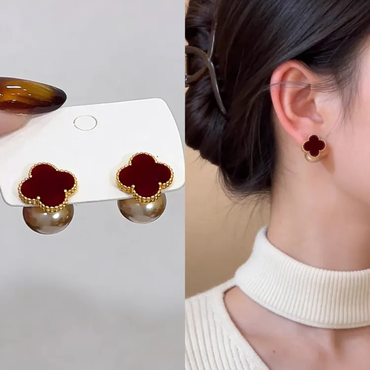 秋冬红色丝绒幸运草珠珠耳钉一款两戴优雅时尚百搭高级感耳环耳饰