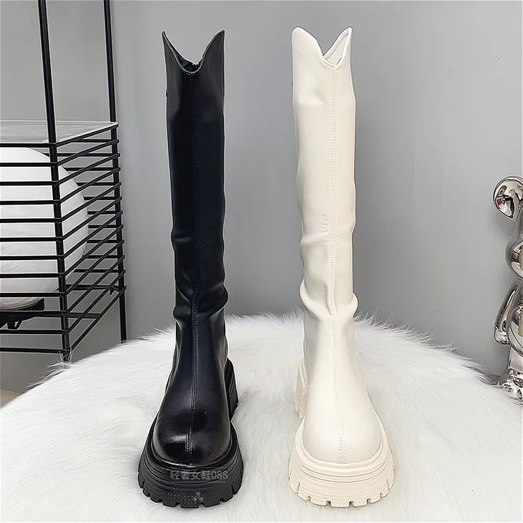 小个子不过膝长筒靴女2024秋冬加绒靴子厚底骑士靴高筒白色长靴