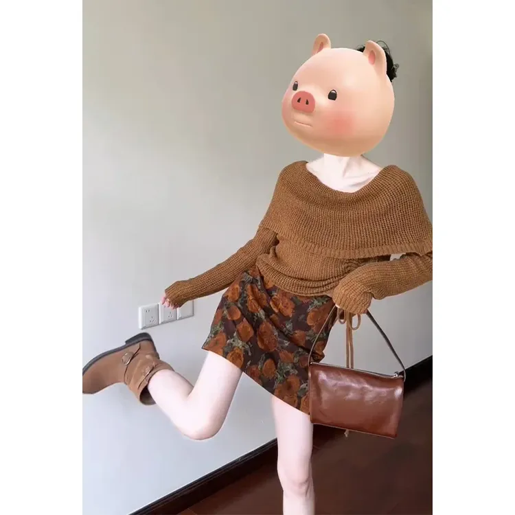 【现货】复古荡领长袖针织上衣百搭高腰显瘦印花半身裙套装