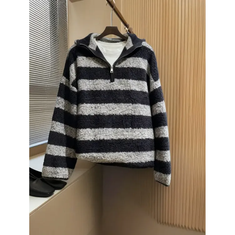 真的爱了！巨显温柔！欧货高端半拉链连帽毛衣慵懒条纹加厚针织衫女