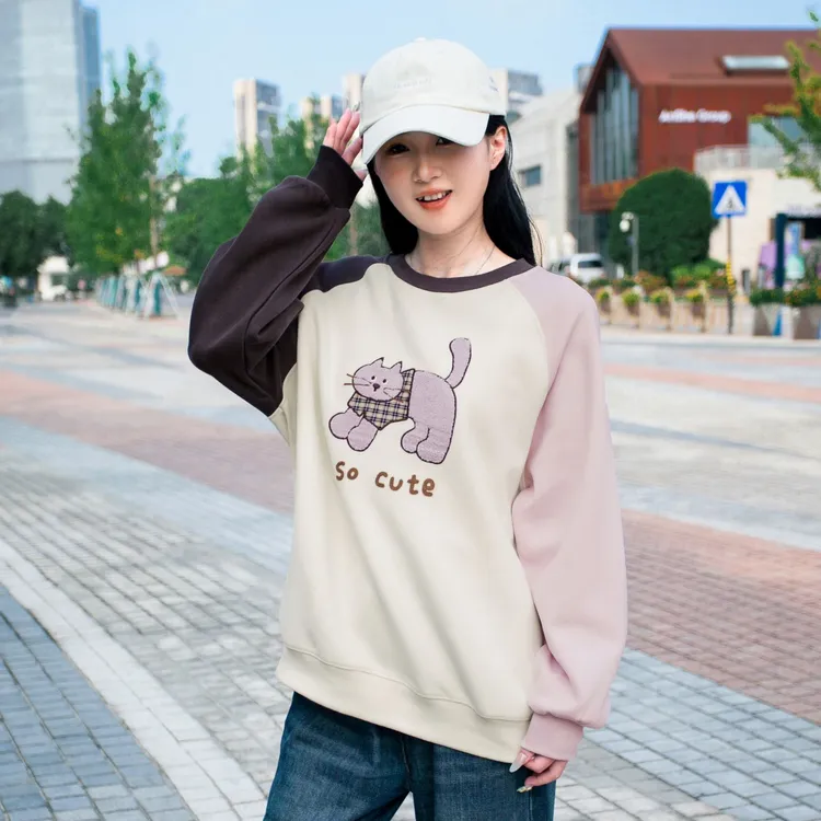 青少女卡通卫衣套头2025年新款秋季宽松撞色设计感猫咪中学生可爱