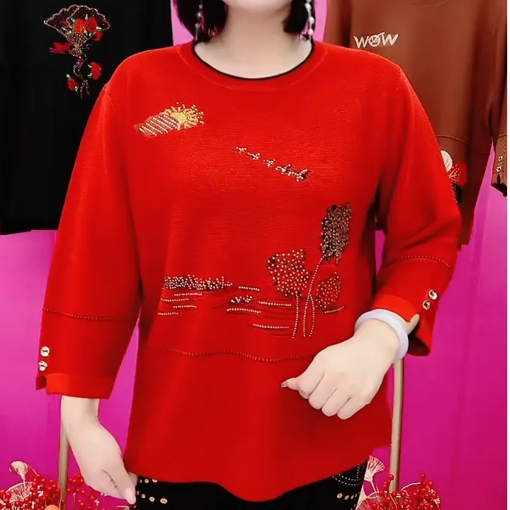 2025冬季新款时尚中年妈妈针织打底衫高级气质宽松纯色印花毛衣女