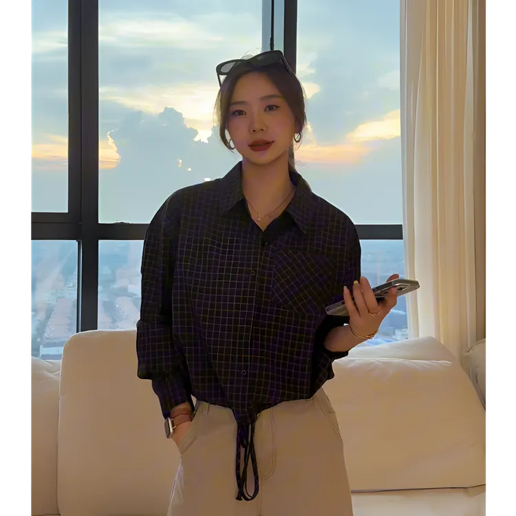 【余欢欢】秋季休闲时尚百搭下摆系带长袖格子衬衫-YHW50713
