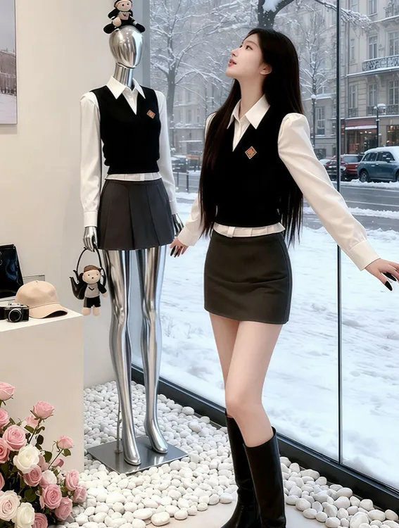 冬日ootd穿搭一整套独特漂亮巨好看时尚白色衬衫针织马甲套装女装