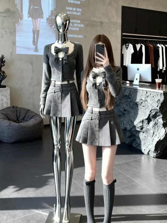 巨好看秋冬装一整套韩系蝴蝶结针织衫高腰百褶半身裙两件套女