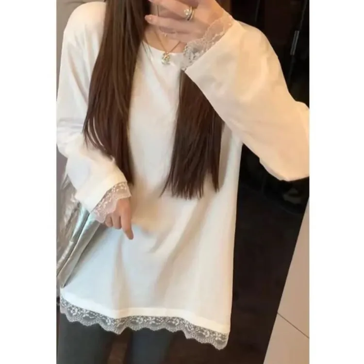 韩版德绒蕾丝花边拼接打底衫女秋冬季新款时尚宽松百搭长袖T恤女