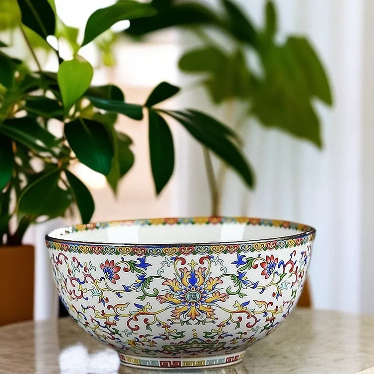 森磊DIY单个家用陶瓷饭碗中式餐具骨瓷碗盘米饭碗珐琅彩金边汤碗