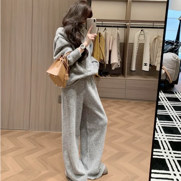 秋季韩系慵懒风高智气质针织衫上衣显瘦百搭休闲运动阔腿裤套装女