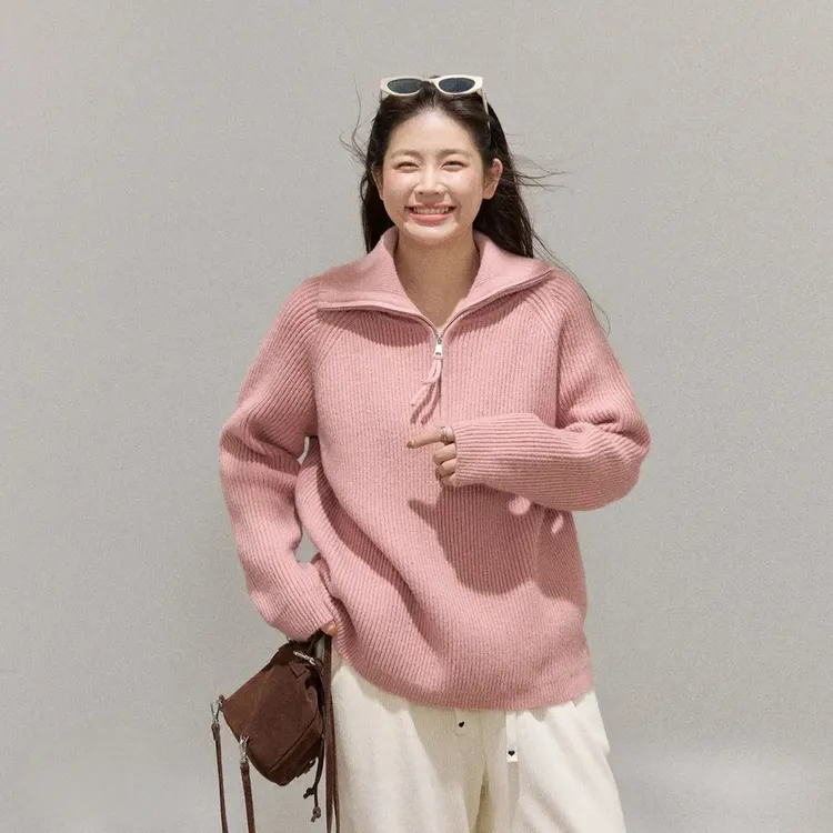 胖mm大码洋气韩版显瘦时尚拉链翻领套头百搭宽松毛衣女长袖针织衫