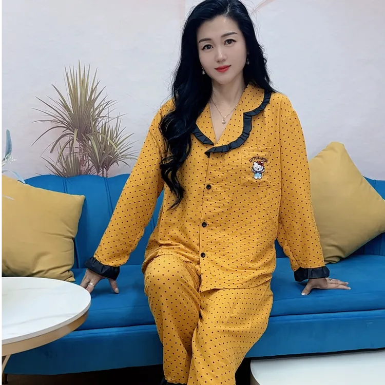花女人2529网红家居服套装波点睡衣秋季舒适成人气质长袖家居套装