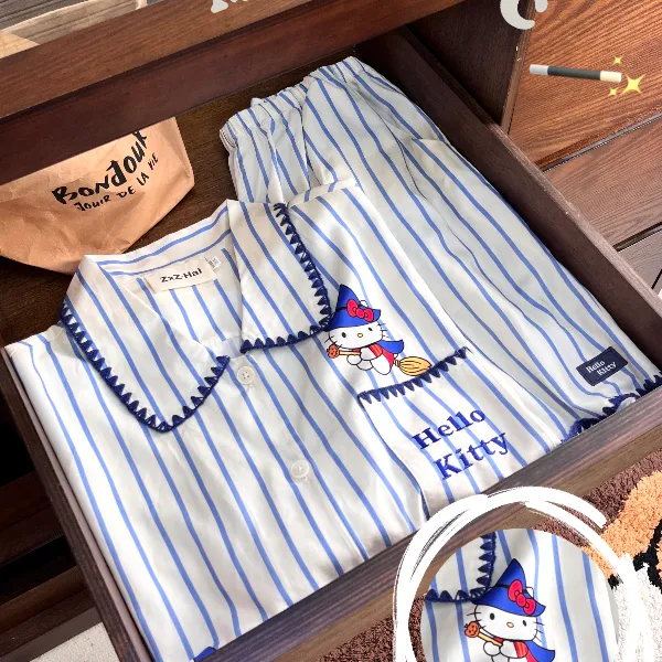 侘町2025年新款蓝色魔法师kitty短袖睡衣女莱赛尔夏季卡通居家服