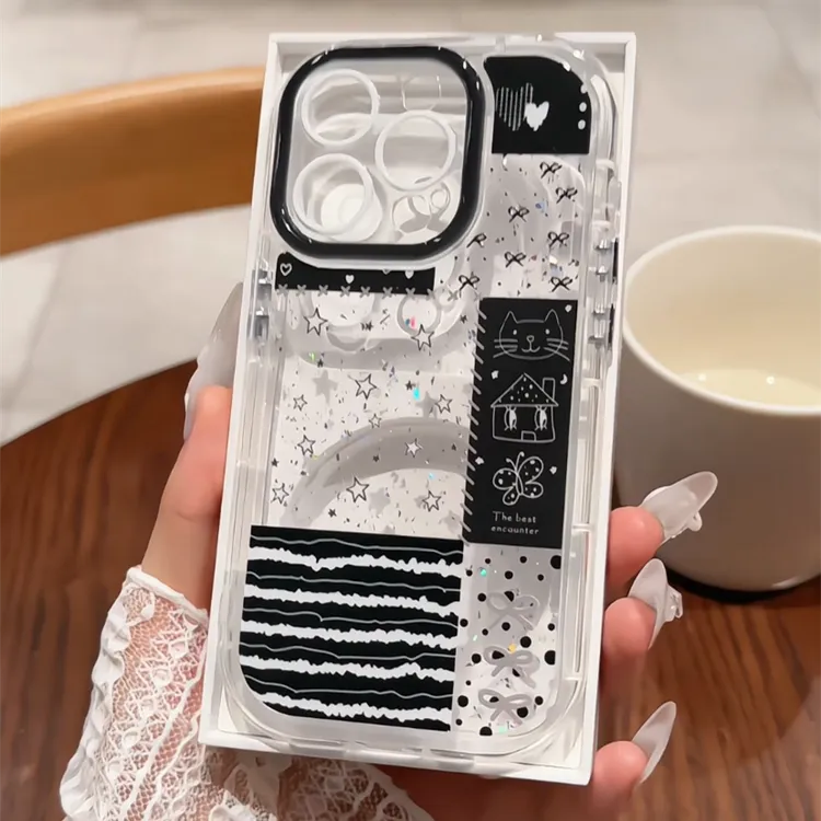 适用16pro苹果闪粉奶油壳15pro华为mate60手机壳黑色系拼接图案14