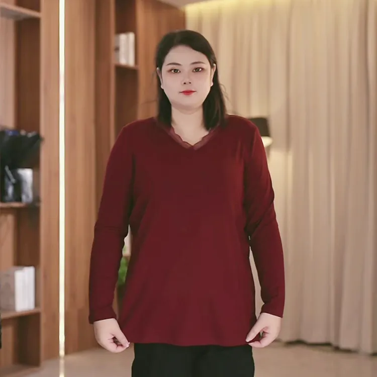 【韩服路】时尚百搭女士加大码胖mm大码内搭蕾丝花边显瘦女长袖打底