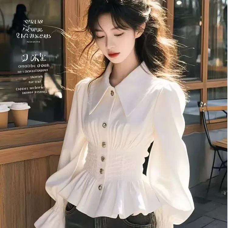 哥弟阿玛施正新款修身显瘦百搭时尚法式衬衫长袖女泡泡袖气质上衣