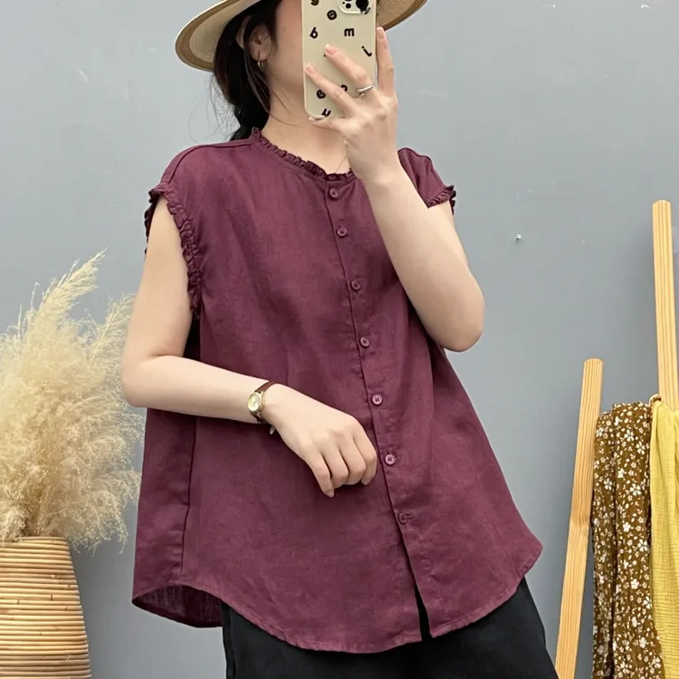 100%纯亚麻V领木耳花边小飞袖夏季透气纯色百搭衬衣休闲显瘦25531