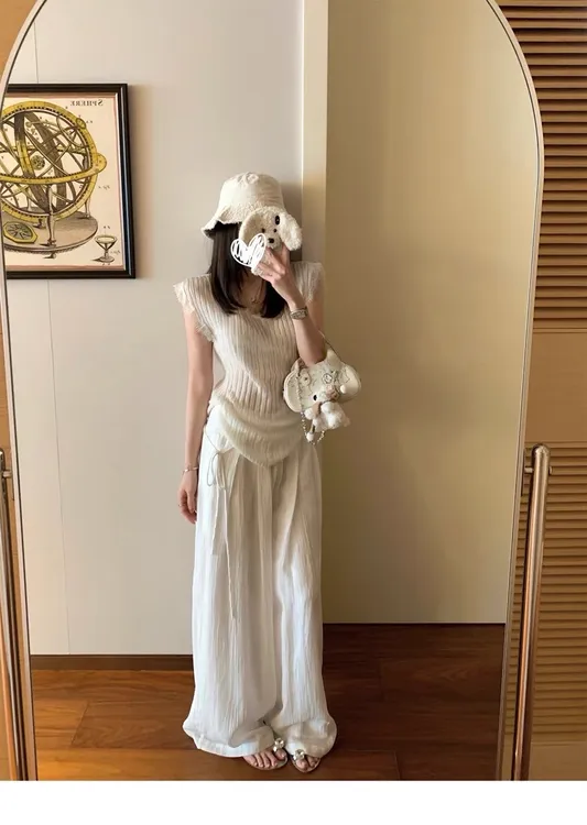 【鹿宛之专属】薄款度假风凉感麻麻裤+夏季超薄款微透蕾丝毛织衫