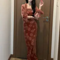 LHMknk1画报夫人原创自制兔毛吊带两件套丝绒连衣裙套装 粉汝兔