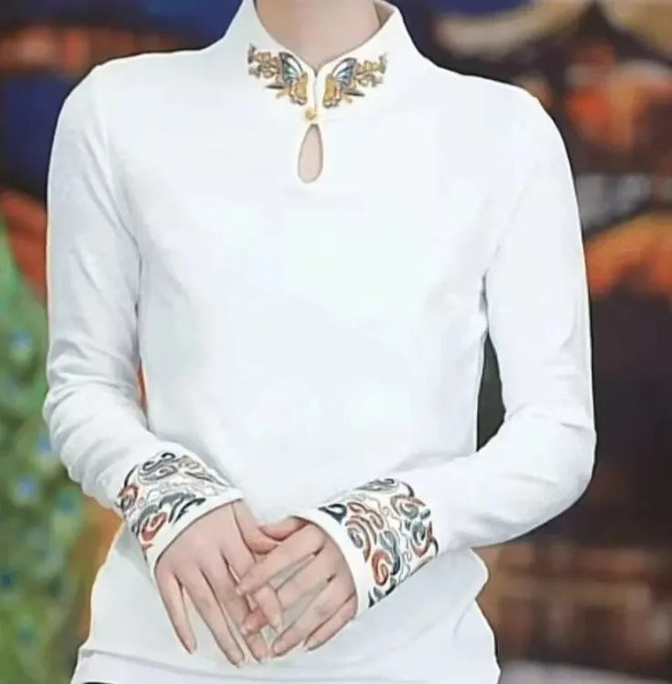 秋冬新款百搭气质小衫国风刺绣复古小立领新中式时尚打底衫女T恤