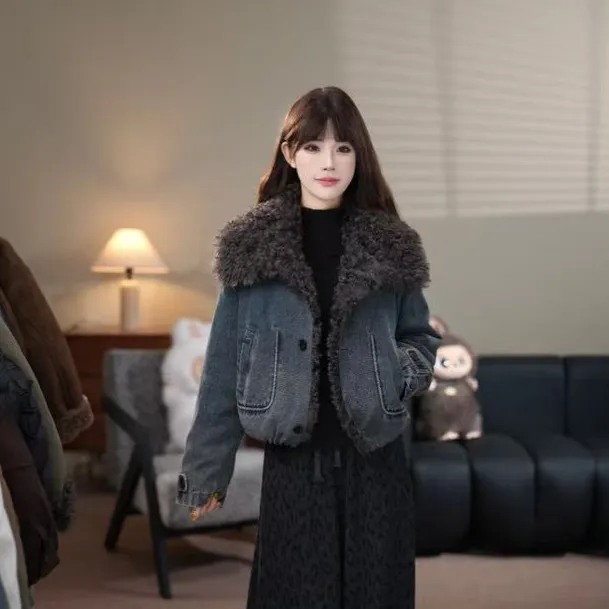 拉夏贝尔韩系拼接牛仔短外套女冬季新款小个子宽松显瘦加厚上衣潮