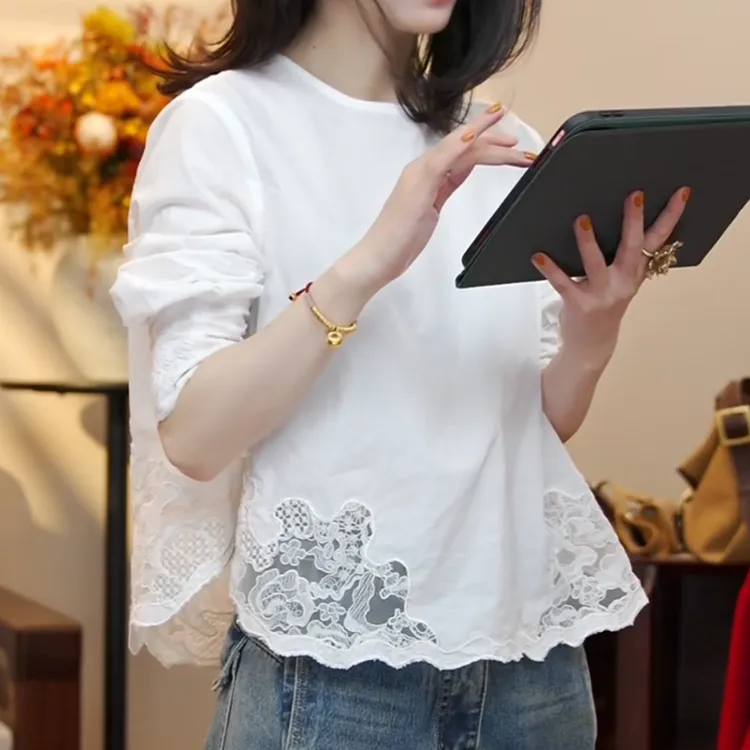 2026新款时尚百搭显瘦气质下摆拼蕾丝衬衫上衣LK2509409商品图