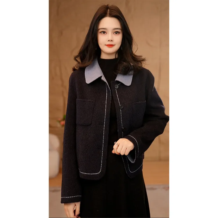 【小陈甄选】曼贝双面羊绒大衣高端时尚百搭羊绒外套8584020深墨蓝