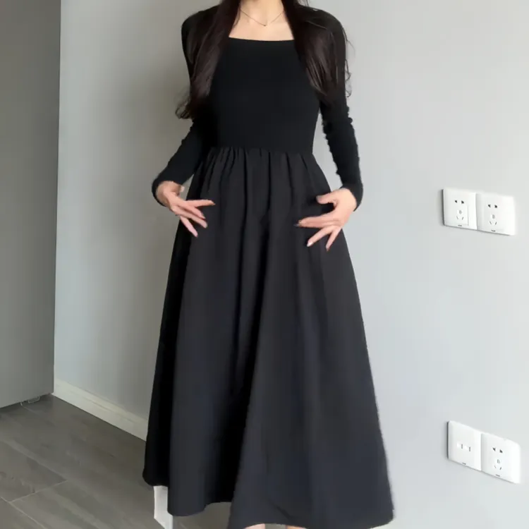 早秋新款法式长袖方领拼接连衣裙女高级感修身显瘦气质赫本长裙子