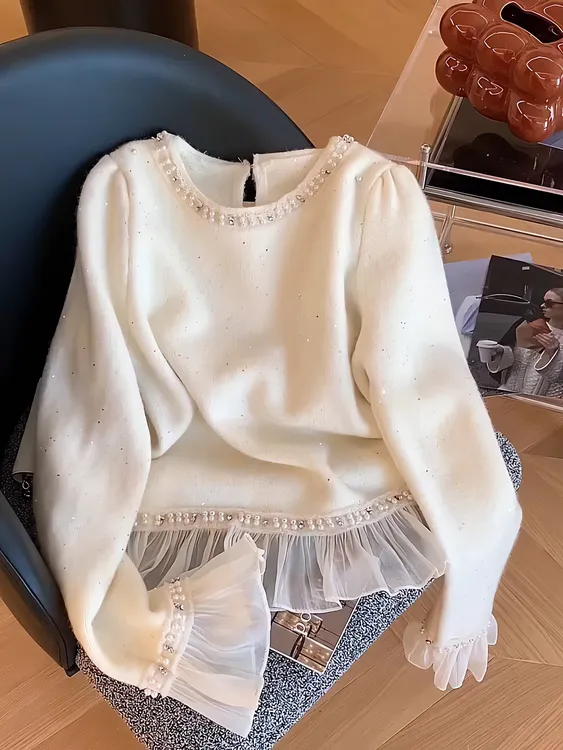 设计感蕾丝拼接网纱针织衫女秋冬新款温柔风小个子百搭内搭短毛衣