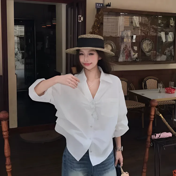 白色老钱风复古高级感气质长袖衬衣女装夏季收腰显瘦小众衬衫上衣