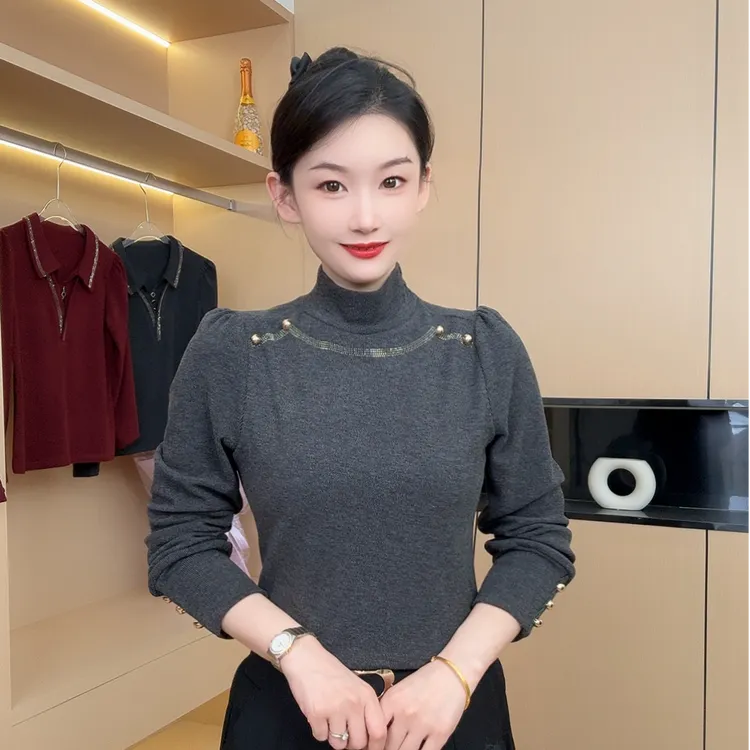 秋冬半高领安迪绒时尚显瘦钉珠气质女士长袖打底衫小衫