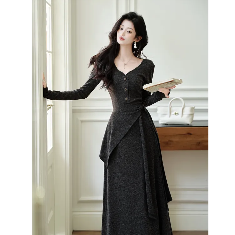 复古法式针织长款连衣裙气质收腰显瘦通勤日常裙两件套装内搭秋冬