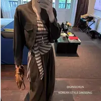 8812秋明州暮色 条纹绑带吊带棒球服外套高腰拖地裤套装