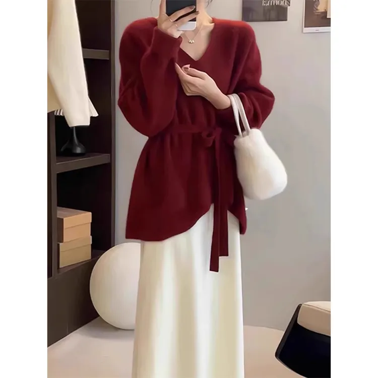 时尚过年红色不规则系带v领毛衣女秋冬季设计感中长款针织衫上衣