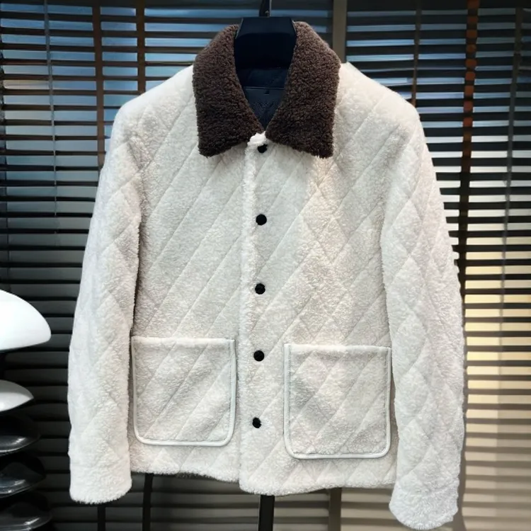 新款男士菱格撞色领羊毛拼皮外套【羊毛内胆】25229