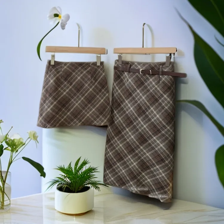 大码微胖MM毛呢半身裙秋冬复古短裙女高腰A字格子包臀裙中长裙子