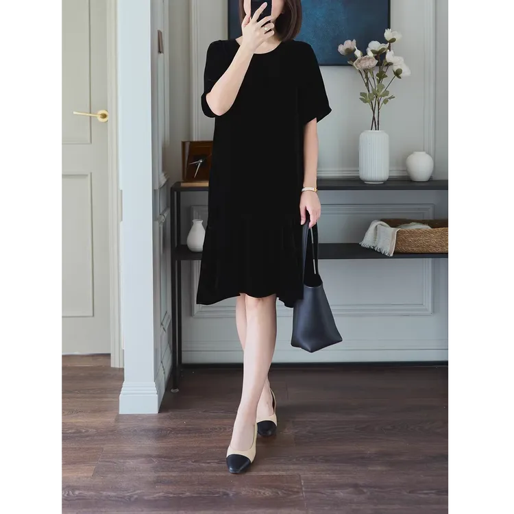真丝丝绒圆领连衣裙夏季黑色气质宽松显瘦中长款裙子桑蚕丝小黑裙