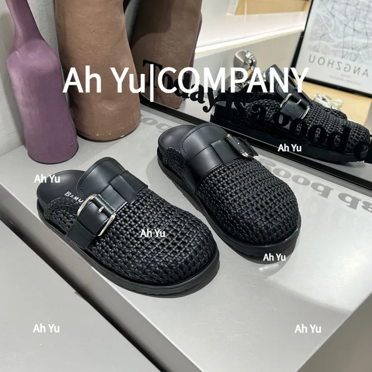 2025夏季新款真皮网面百搭时尚搭扣厚底一脚蹬百搭编织包头半拖鞋