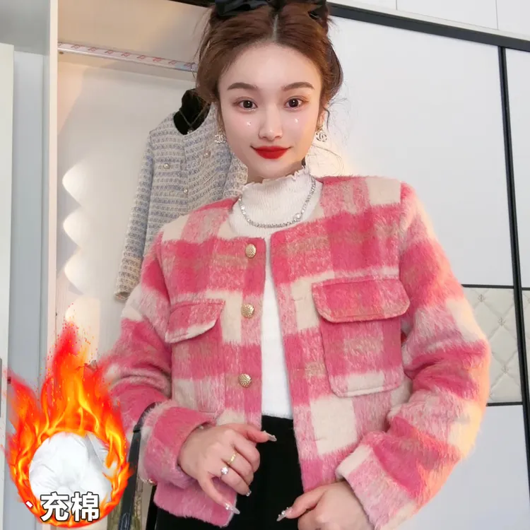 加厚保暖小个子秋冬长袖格纹设计感短款毛呢小香风外套