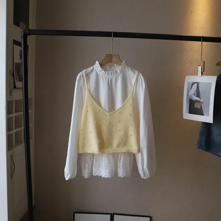 春季小清新套装女蕾丝拼接长袖衬衫叠穿针织吊带两件套