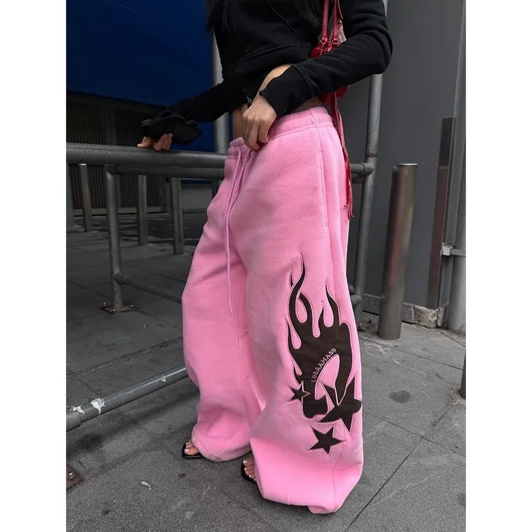 美式街头风设计感火焰印花抽绳阔腿卫裤女宽松休闲百搭爵士舞长裤