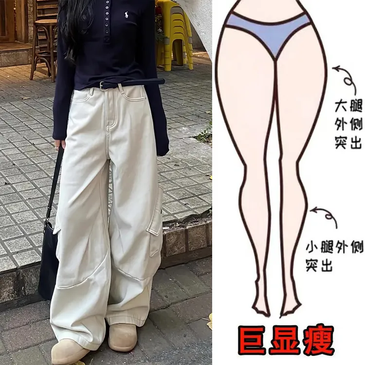 早春新款水洗简约时尚侧口袋结构设计休闲遮肉显瘦高腰阔腿牛仔裤