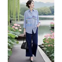 HH#【可搭套装】刺绣宽松中长款长袖衬衫条纹搭休闲裤套装DY14939