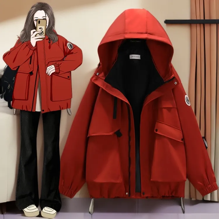 个性百搭冲锋衣外套女减龄休闲工装夹克大码胖MM户外登山服春秋