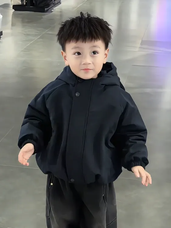 男童连帽棉服秋冬加厚外套新款韩版时髦帅气宝宝可爱小熊加绒棉衣