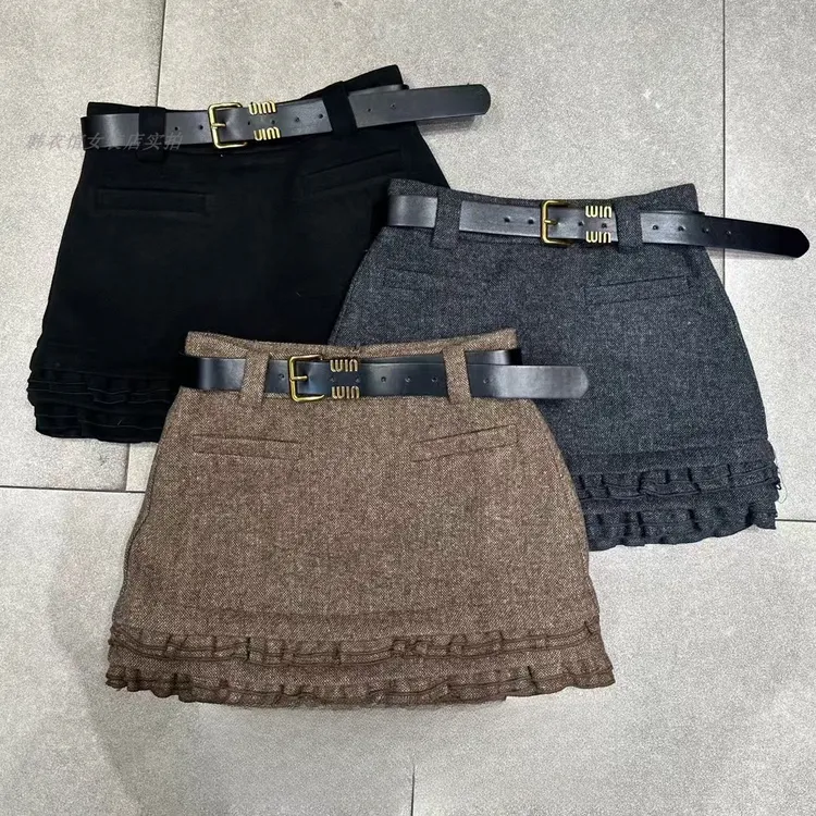 韩系双层木耳边毛呢短裙女2024冬季休闲百搭A字洋气呢子半身裙